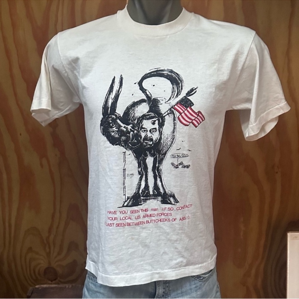 Vintage Saddam Hussein T-shirt Political 90s USA Military 1991